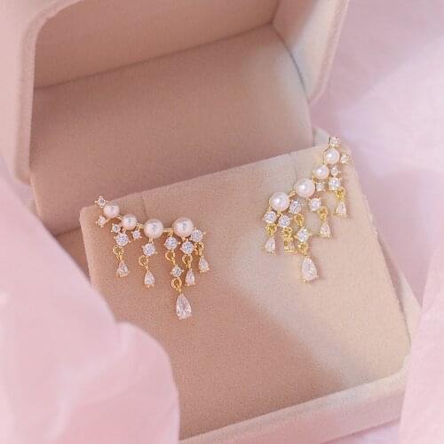 Ins Hot Sale Temperament Tassel CZ Women Earrings 14K Real Gold Bohemia Zircon Pearl Earring Brincos Birthday Gift Pendant