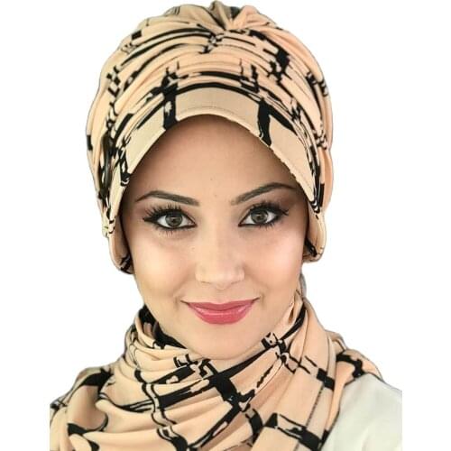 New Fashion Islamic Muslim Headscarf Hijab Clothing Scarf Hijab Ready Wrap Black Milk Coffee Pattern Rubber Buckle Line Hat Shawl