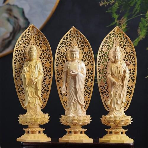 Boxwood 29cm Three Buddha Sculpture Sakyamuni Figure Guanyin Wood Carving Goddess Statue Home Decor
