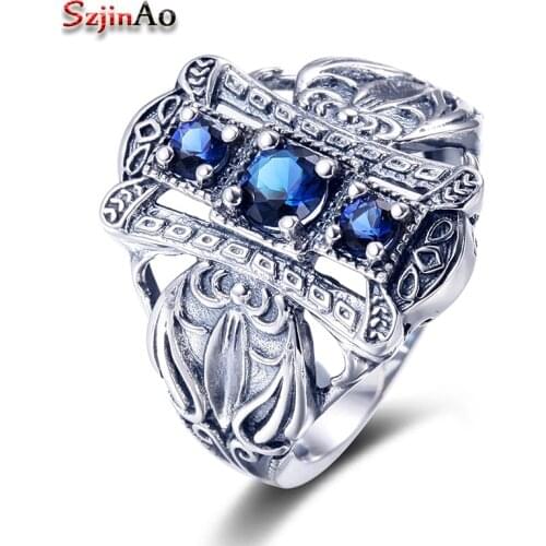 Szjinao Fashion Blue Stone Marriage Zircon Ring Wholesale 925 Sterling Silver Jewelry Punk Sapphire Vintage Rings gift bague
