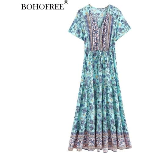 Vintage chic women Floral print short sleeve Bohemian maxi dresses Ladies deep V neck rayon cotton sashes Boho dress vestidesses