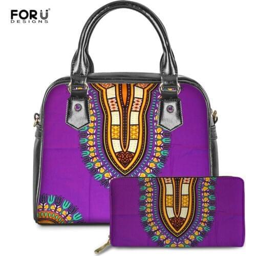 FORUDESIGNS African Tradition Purpel Womens Luxury Handbags Pu Leather Ladies 2PCS/Set Casual Cross Body Bags Fashion Purse Bag