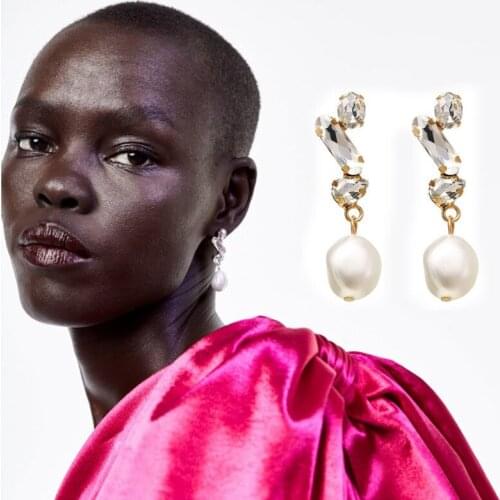Artificial Crystal Top Women Dangle Earrings Irregular Shape Imitation Pearl Pendants boucle d'oreille femme 2020 ET1305