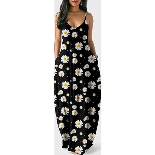 Black Vintage Floral Print Women Summer Dress Casual Loose Long skirt Sling Dresses daisy floral Fashion Plus Size 6XL Vestidos