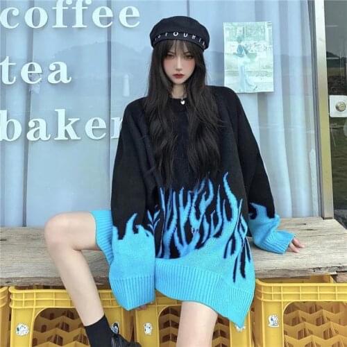 ZCWXM Winter Women Knit Sweater Female Hip-hop Style Flame Jacquard Traf Couple Oversized Pullover Top Loose Vintage Sweater