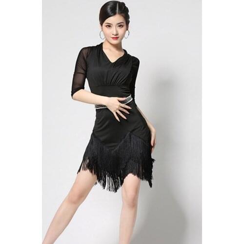 2021 New L70 Latin Dance Dress Women Half Sleeve Tassel Wrinkle Design Performance Costume Waltz Tango Latino Dancewear