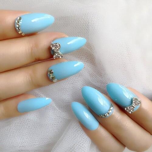 24 pieces full set of long point press nail blue customized Rhinestone nail tip wearable fake nail delivery tape