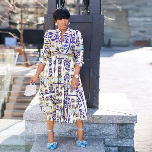 African Dresses For Women 2021 African Clothes Pleated Midi Dress Dashiki Ladies Long Sleeve Ankara Africa Dress Elegant Dress