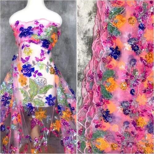 LASUI High-end transparent multi-color crystal sequins daffodil embroidery mesh fabric Gorgeous shiny designer fabric X0744