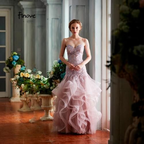 Finove 2020 New Prom Dress Golden Rose Sexy Sweetheart Beading Embroidery Ruffles Long Floor Length Formal Ball Gowns For Women