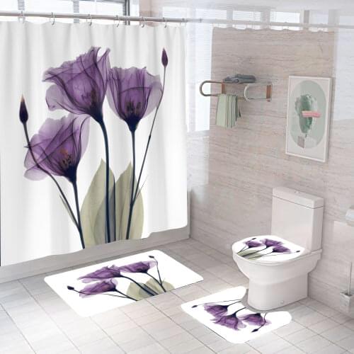 Purple Flower Shower Curtain 3d Print Romantic With Non Slip Rug Mat Bathroom Curtains Waterproof Polyester Home Decor 180x180