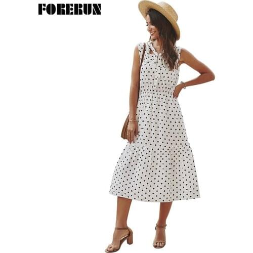 FORERUN Polka Dot Dress Women Long Bohemian Summer Dresses Lace Up V Neck Sleeveless A-Line High Waist Vestidos Verano Robe