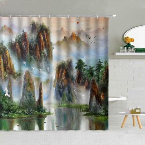 Oil Painting Landscape Mountain Water Shower Curtain Frabic High Quality Autumn Scenery Tree Elk Bathroom Supplies With Hooks