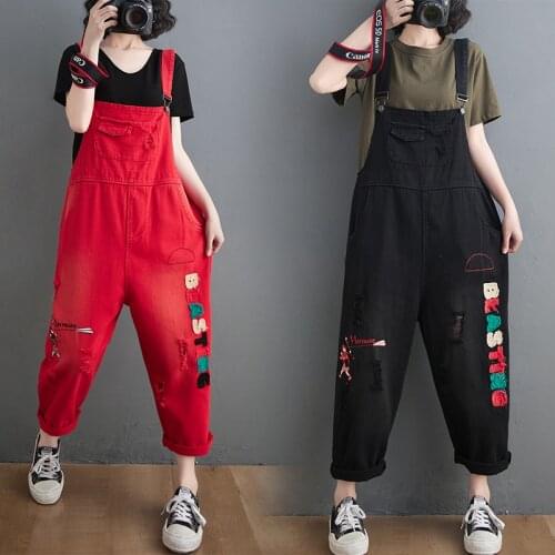 Denim Overalls Female Summer Letter Patchwork Jeans Streetwear Cowboy Ripped Trousers Holes Jumpsuit Casual Harem Pants Rompers
