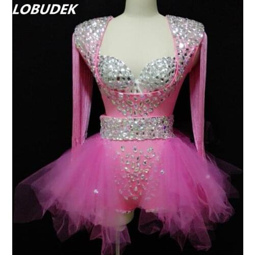 Full Rhinestones Bodysuit Mesh Skirt Female Dance Outfit Bar Party Performance Costume Singer Dancer Nightclub Stage Wear White