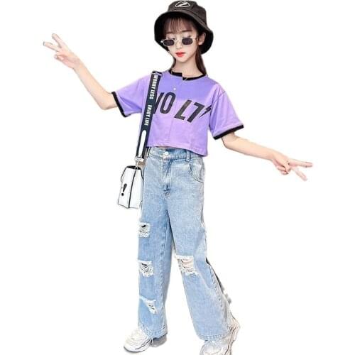 Korean Summer Clothes Suit Children Fashion Leisurewear Girl Patchwork Top+ High-rise Jeans 2pcs Set 6 7 8 9 10 11 12 13 14 Year