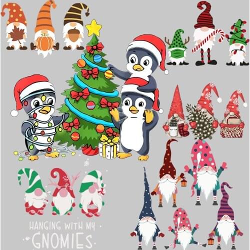 Cartoon Christmas holiday white beard old man cute penguin Christmas tree design Iron On Transfer On Clothes Applique Decor