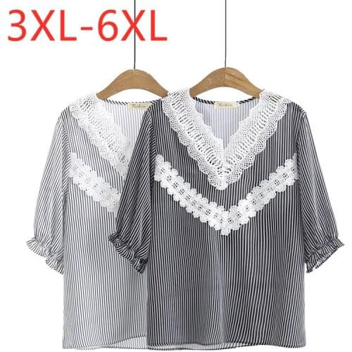 New 2021 Ladies Summer Plus Size Tops For Women Large Short Sleeve Loose Black Stripe Lace V-neck Chiffon Shirt 3XL 4XL 5XL 6XL