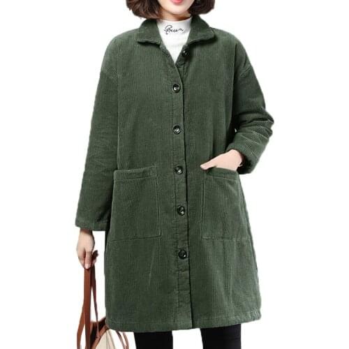 NEW Womens Cotton Coat Corduroy Jacket 2020 Autumn Winter Jacket Mid-Long Single-breasted Plush Thick Warm Outwear 4XL W141