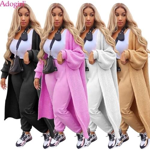 Adogirl Solid Sweater Long Cardigan Autumn Winter Long Lantern Sleeve Loose Open Stitch Thick Casual Fashion Outdoor Street Coat