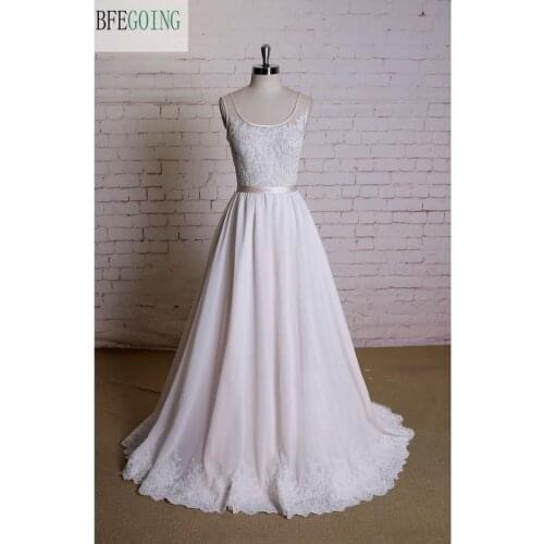 Ivory Chiffon Appliques Lace Sleeveless A-Line Wedding Dress Sweep/Brush Train Scoop Real/Original Photos Custom Made