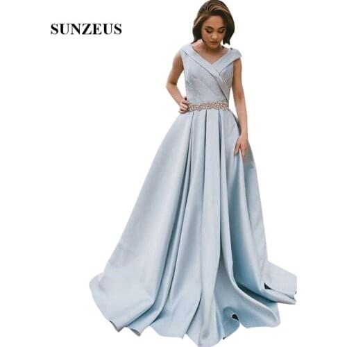 Light Blue Satin Evening Gowns A-line Cap Sleeves V-Neck Elegant Formal Dress With Crystal Belt Long Party Gowns Women