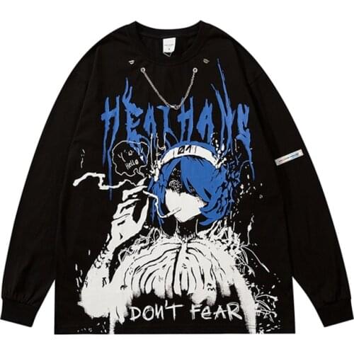 2021 Cartoon Manga Anime Print Chain Retro Hoodies Men Harajuku Sweatshirt Long Sleeve Cotton Tshirt Japanese Streetwear Clothes