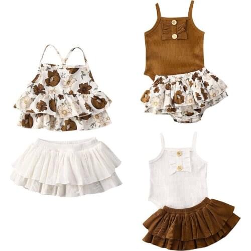 Pudcoco US Stock 0-24M 2PCS 3 Styles Summer Infant Baby Girl Sling Flower Tops+Ruffle Tutu Skirt Dress 2PCS Outfit