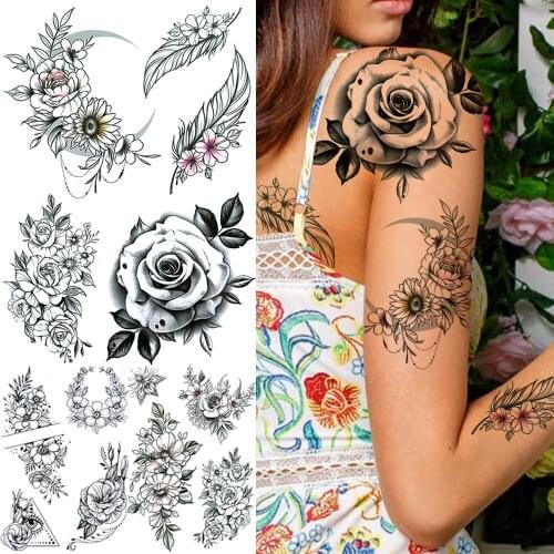 Feather Big Rose Temporary Tattoos For Women Girls Black Carnations Orchid Anemone Flower Tattoo Sticker Fake 3D Flora Tattos