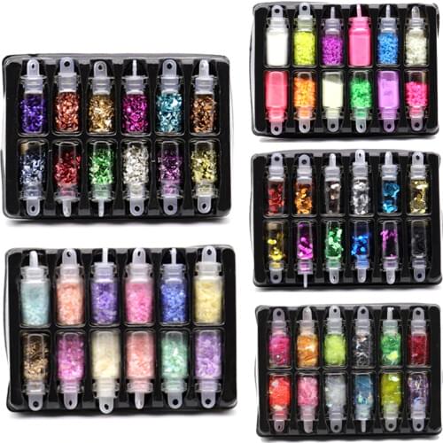 WAKEFULNESS 12Bottles Seashell Nail Glitter Flakes Broken Glass Nail Sequins Fluorescent Powder Manicure 3D Nail Art Decorations