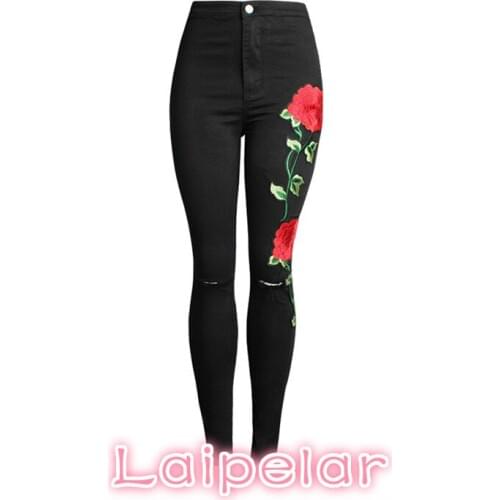 Spring fashion vintage black high waist jeans woman flower embroidered jeans for women denim skinny pencil pants female