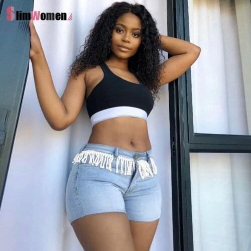 High Waist Bodycon Sexy Mom Jean Shorts Female Y2k Pants Plus Size Light Blue Black Denim Shorts with Tassel Women Streetwear