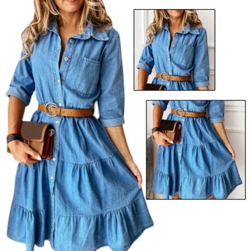 Women Fashion Elegant Denim Dress Three Quarter Sleeve Turn-down Collar Buttons Ruffle Denim Dress for Party Work Dating