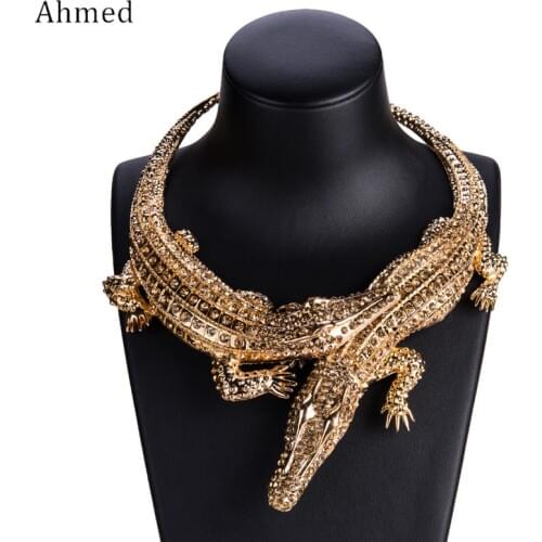 Ahmed New Design Exaggerated Punk Full Rhinestone Crocodile Necklace for Women Fashion Trend Statement Necklace Collar Bijoux