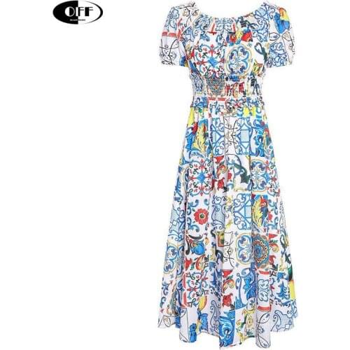 Designer runway vintage printed midi dresses for women short sleeve Elastic waist ruffles summer sundress elegant retro dress ZA
