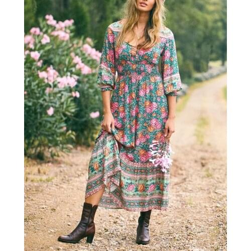 Happie Queens Women Floral print button beach Bohemian maxi dress Ladies cross V neck Summer rayon Boho sundress