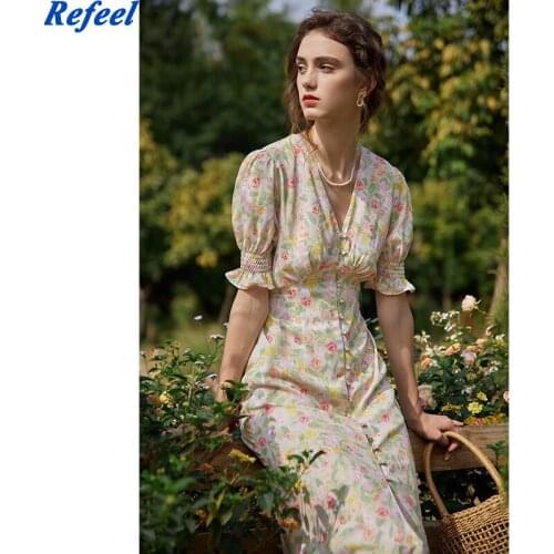 Holiday Floral Print Light Yellow Vestidos Summer Short Sleeve Women Long Dress Vintage Center Buttons Dresses Casual