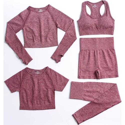 5PCS Seamless Women Yoga Set Workout Sportswear Gym Clothing Fitness Long Sleeve Crop Top High Waist Leggings Sports Suits