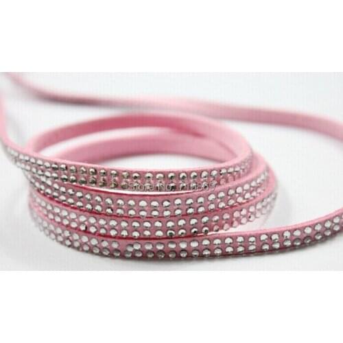 Free Ship 100 Meterse 5mm*1.5mm Pink Flat Faux Suede Leather Cord With Two Lines Silver Studs