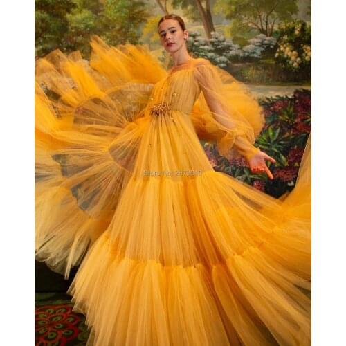 Brilliant Yellow A-Line Evening Dress Floor-Length Beaded Prom Dress Robe De Soiree Aibye Middle East вечернее платье Dubai