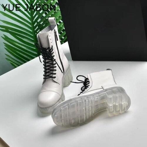White Punk Ankle Platform Motorcycle Martin Boots Women Lace up Chunky Heel Lace Up Designer Shoes Women Transparent Sole Shoes