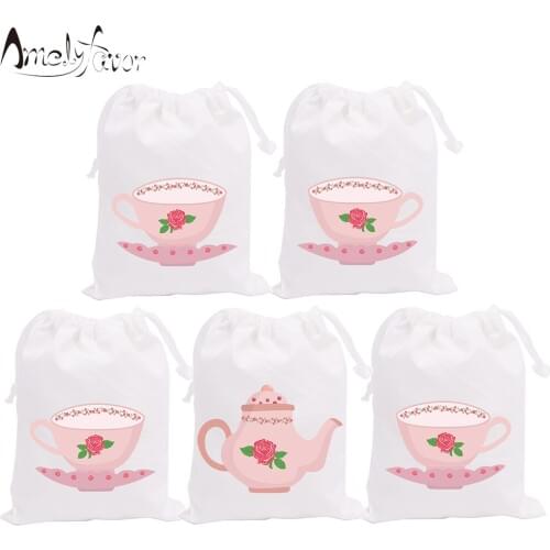 Tea Set Theme Party Bags Candy Bag Gift Bags Tea Time Teapot Cups Decorations Grand Event Birthday Party Container Supplies 5PCS