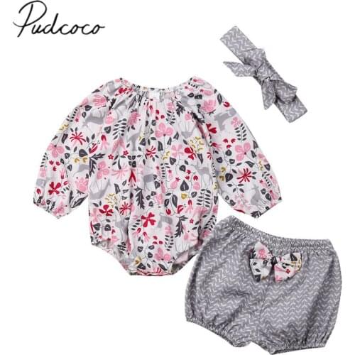 2019 Children Summer Clothing Infant Baby Girl Clothes Sets 3PCS Floral Romper Jumpsuit PP Shorts Headband Outfits Cute Clothes