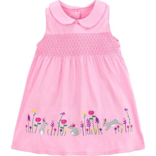 Little Maven New Summer Kids Pink Smock Rabbit Embroidery Peter Pan Collar Girls 2-7yrs Sleeveless Cotton Knitted Dresses