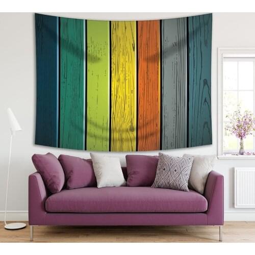 Tapestry Colorful Wood Wall with Vertical Panels Vintage Decorating Stylish Print Navy Blue Green Yellow Brown
