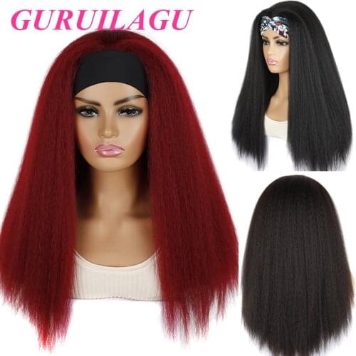 GURUILAGU Kinky Straight Headband Wig 24inch Synthetic Wig Color #1B/4/#BUG Black Wigs For Women Synthetic Hair Cosplay Wig Long
