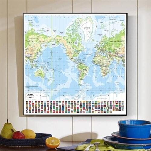 The World Mercator Projection Map with National Flag 150x150cm Non-woven Non-Smell World Map For Education