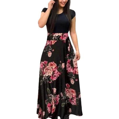 Summer Dress Women Short Sleeve Floral Printed Patchwork Prom High Waist Large Swing Dress robe femme платье летнее женское2021