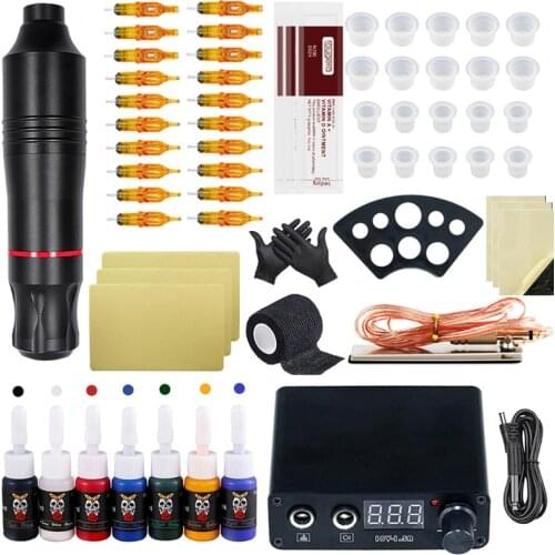 Complete Tattoo Machine Kit Tattoo Rotary Machine Set Permanent Makeup with Cartridges Needle Ink Fake Skin Body Art Supplies