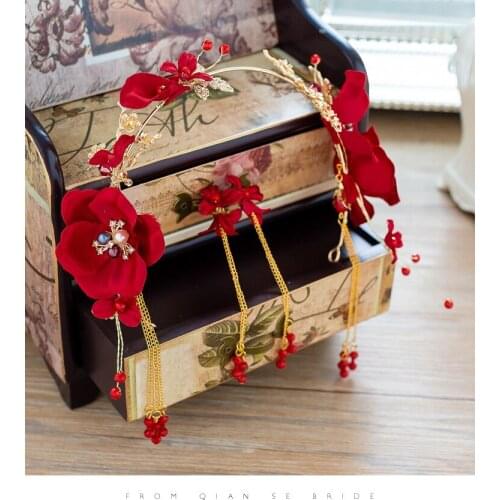 Red gold silk flower crown Tassel Earrings sets brides headdress Hoop wedding hair accessories